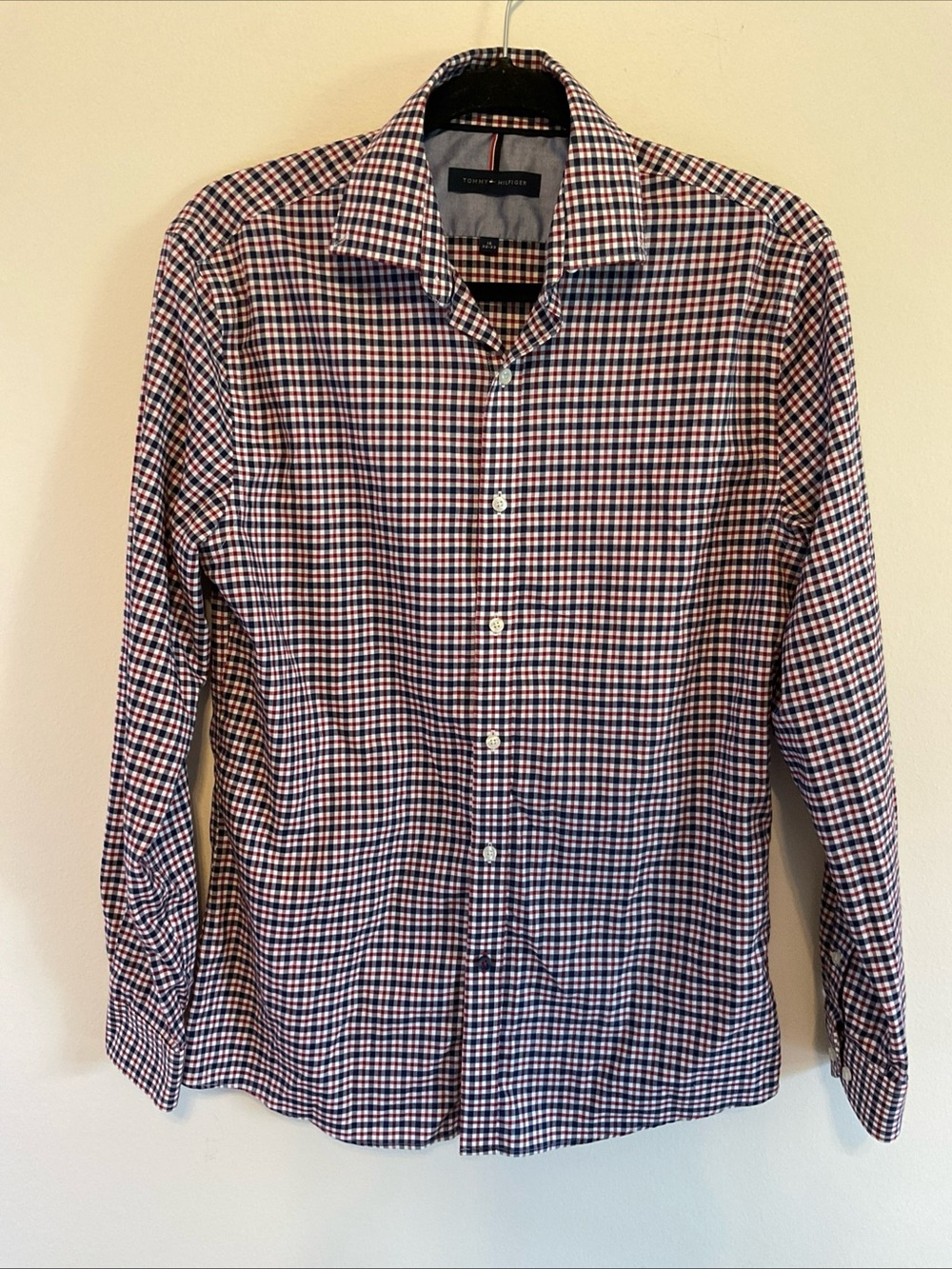 Tommy Hilfiger Men's Red & Navy Check Dress Shirt size 15 32-33